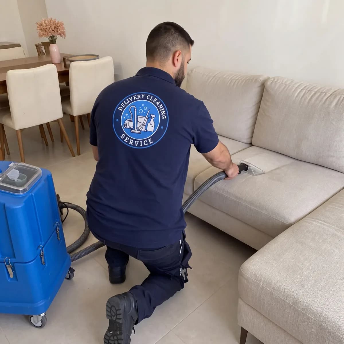 טכנאי של DCS מנקה ספת בד בהירה במכונת ניקוי בהזרקה ושאיבה