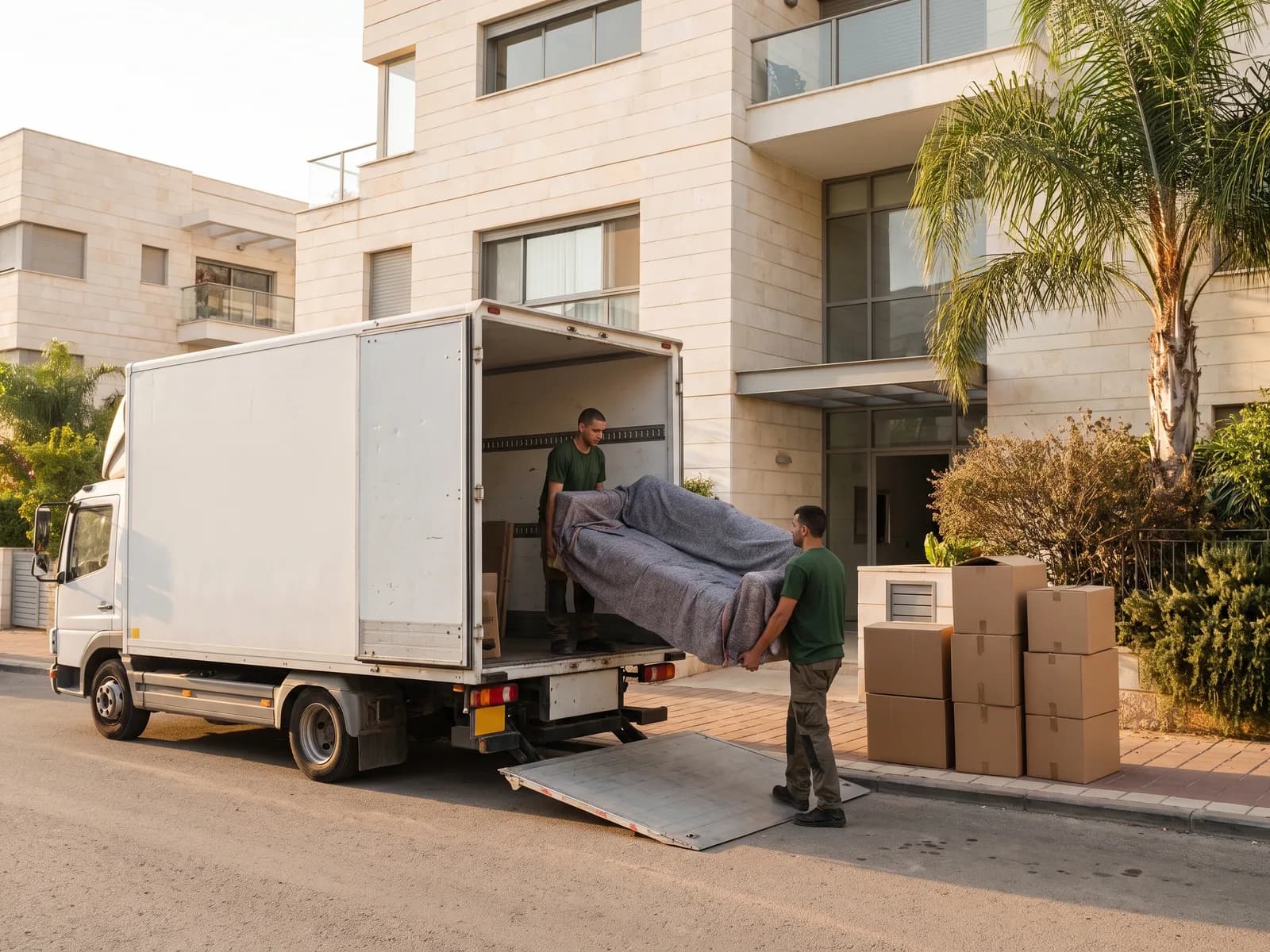 משאית הובלות של DMS ליד בניין מגורים